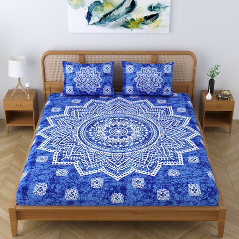 SheetKart Cotton Blend Traditional Mandala Jaipuri Printed Bedsheet for Double Bed King Size with 2 Pillow Covers - Azure Blue