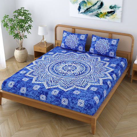 SheetKart Cotton Blend Traditional Mandala Jaipuri Printed Bedsheet for Double Bed King Size with 2 Pillow Covers - Azure Blue