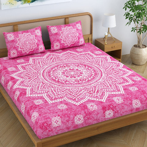 SheetKart Cotton Blend Traditional Mandala Jaipuri Printed Bedsheet for Double Bed King Size with 2 Pillow Covers - Rose Pink