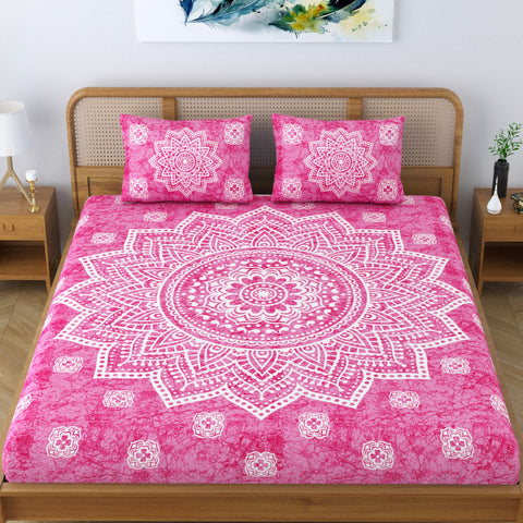 SheetKart Cotton Blend Traditional Mandala Jaipuri Printed Bedsheet for Double Bed King Size with 2 Pillow Covers - Rose Pink