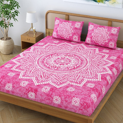 SheetKart Cotton Blend Traditional Mandala Jaipuri Printed Bedsheet for Double Bed King Size with 2 Pillow Covers - Rose Pink