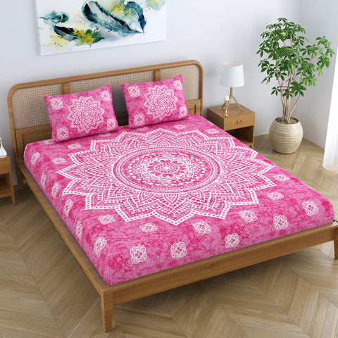 SheetKart Cotton Blend Traditional Mandala Jaipuri Printed Bedsheet for Double Bed King Size with 2 Pillow Covers - Rose Pink
