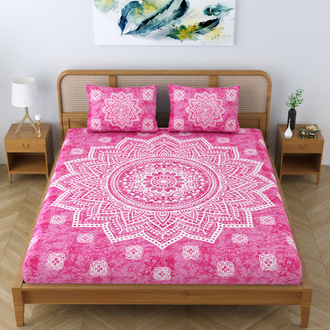 SheetKart Cotton Blend Traditional Mandala Jaipuri Printed Bedsheet for Double Bed King Size with 2 Pillow Covers - Rose Pink