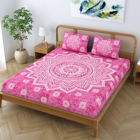 SheetKart Cotton Blend Traditional Mandala Jaipuri Printed Bedsheet for Double Bed King Size with 2 Pillow Covers - Rose Pink