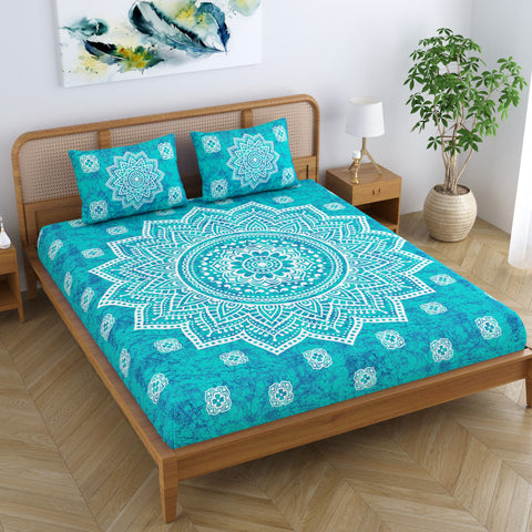 SheetKart Cotton Blend Traditional Mandala Jaipuri Printed Bedsheet for Double Bed King Size with 2 Pillow Covers - Sea Green
