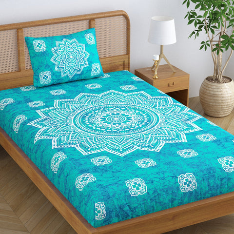 SheetKart Cotton Blend Traditional Mandala Jaipuri Printed Single Bedsheet with 1 Pillow Cover - Sea Green