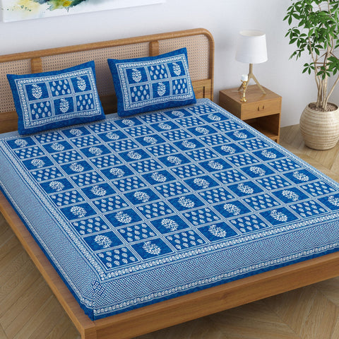 SheetKart Cotton Traditional Floral Motif Printed Bedsheet for Double Bed King Size with 2 Pillow Covers - Ocean Blue