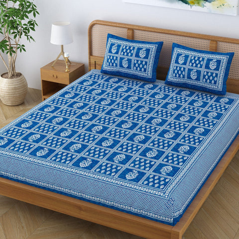 SheetKart Cotton Traditional Floral Motif Printed Bedsheet for Double Bed King Size with 2 Pillow Covers - Ocean Blue