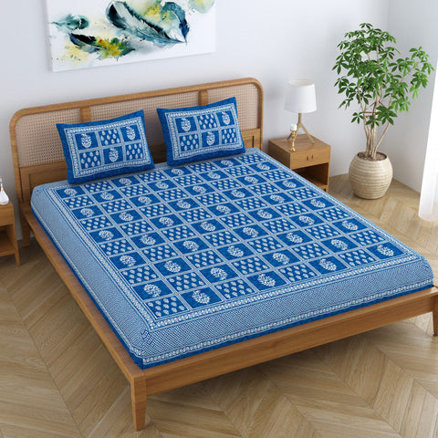 SheetKart Cotton Traditional Floral Motif Printed Bedsheet for Double Bed King Size with 2 Pillow Covers - Ocean Blue