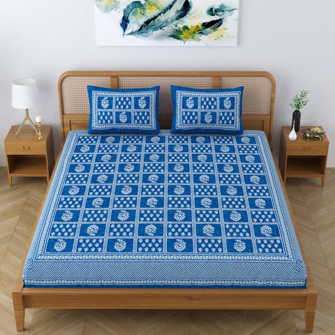 SheetKart Cotton Traditional Floral Motif Printed Bedsheet for Double Bed King Size with 2 Pillow Covers - Ocean Blue