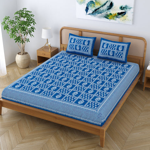 SheetKart Cotton Traditional Floral Motif Printed Bedsheet for Double Bed King Size with 2 Pillow Covers - Ocean Blue