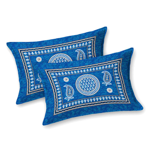 SheetKart Cotton Traditional Floral Motif Printed Bedsheet for Double Bed King Size with 2 Pillow Covers - Ocean Blue