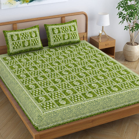SheetKart Cotton Traditional Floral Motif Printed Bedsheet for Double Bed King Size with 2 Pillow Covers - Forest Green