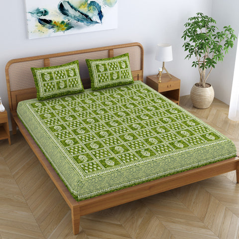 SheetKart Cotton Traditional Floral Motif Printed Bedsheet for Double Bed King Size with 2 Pillow Covers - Forest Green