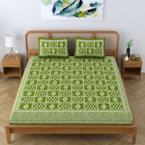 SheetKart Cotton Traditional Floral Motif Printed Bedsheet for Double Bed King Size with 2 Pillow Covers - Forest Green