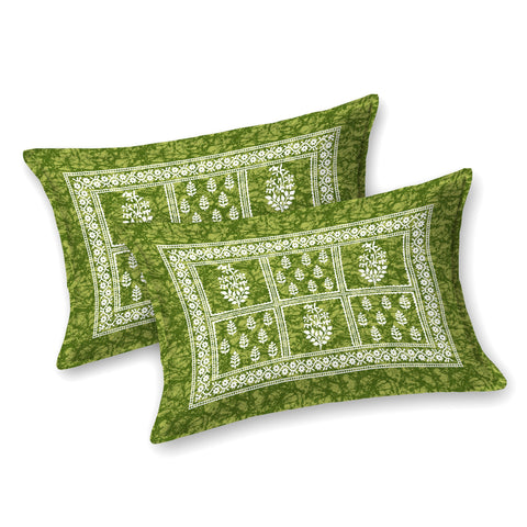 SheetKart Cotton Traditional Floral Motif Printed Bedsheet for Double Bed King Size with 2 Pillow Covers - Forest Green