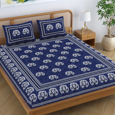 SheetKart Cotton Traditional Tree of Life Printed Bedsheet for Double Bed King Size with 2 Pillow Covers - Navy Blue