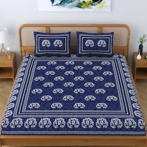 SheetKart Cotton Traditional Tree of Life Printed Bedsheet for Double Bed King Size with 2 Pillow Covers - Navy Blue