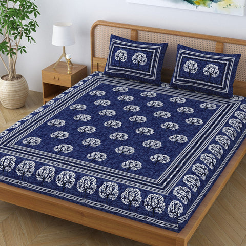 SheetKart Cotton Traditional Tree of Life Printed Bedsheet for Double Bed King Size with 2 Pillow Covers - Navy Blue