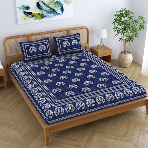 SheetKart Cotton Traditional Tree of Life Printed Bedsheet for Double Bed King Size with 2 Pillow Covers - Navy Blue