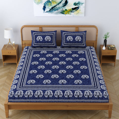 SheetKart Cotton Traditional Tree of Life Printed Bedsheet for Double Bed King Size with 2 Pillow Covers - Navy Blue