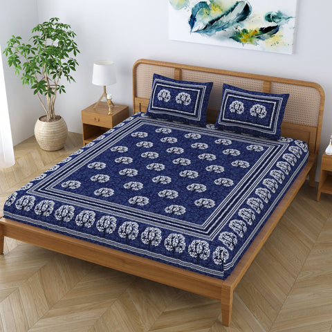 SheetKart Cotton Traditional Tree of Life Printed Bedsheet for Double Bed King Size with 2 Pillow Covers - Navy Blue