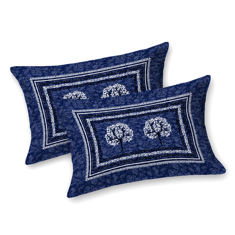 SheetKart Cotton Traditional Tree of Life Printed Bedsheet for Double Bed King Size with 2 Pillow Covers - Navy Blue