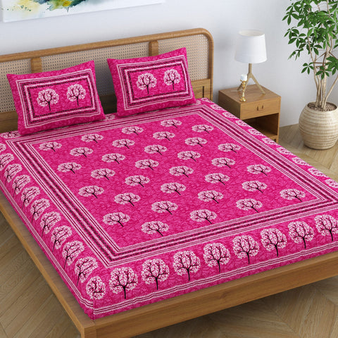 SheetKart Cotton Traditional Tree of Life Printed Bedsheet for Double Bed King Size with 2 Pillow Covers - Blush Pink