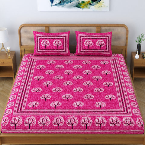 SheetKart Cotton Traditional Tree of Life Printed Bedsheet for Double Bed King Size with 2 Pillow Covers - Blush Pink