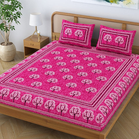 SheetKart Cotton Traditional Tree of Life Printed Bedsheet for Double Bed King Size with 2 Pillow Covers - Blush Pink