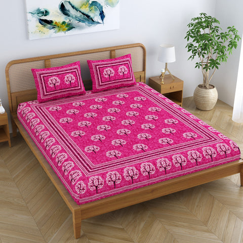 SheetKart Cotton Traditional Tree of Life Printed Bedsheet for Double Bed King Size with 2 Pillow Covers - Blush Pink