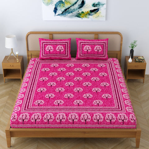 SheetKart Cotton Traditional Tree of Life Printed Bedsheet for Double Bed King Size with 2 Pillow Covers - Blush Pink