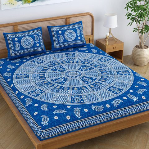 SheetKart Cotton Traditional Mandala Motif Printed Bedsheet for Double Bed King Size with 2 Pillow Covers - Slate Blue
