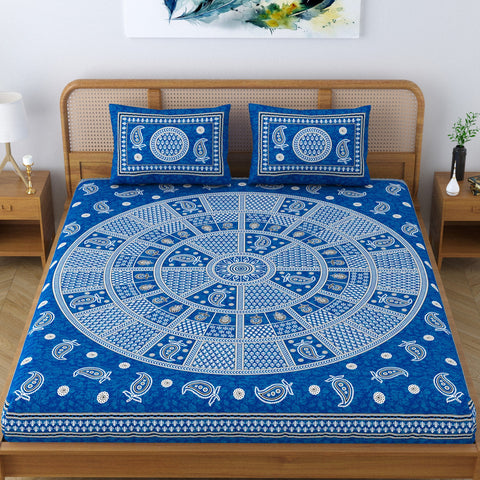 SheetKart Cotton Traditional Mandala Motif Printed Bedsheet for Double Bed King Size with 2 Pillow Covers - Slate Blue