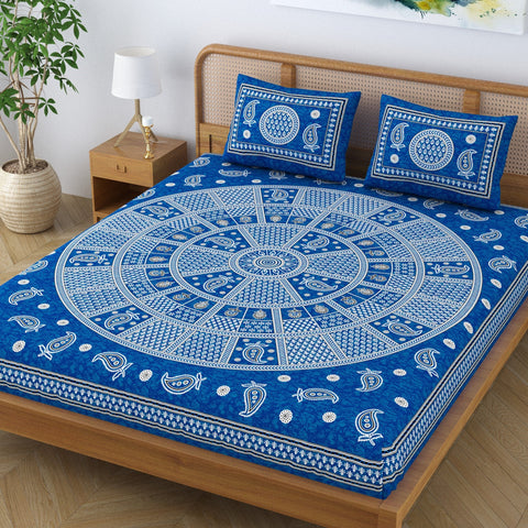 SheetKart Cotton Traditional Mandala Motif Printed Bedsheet for Double Bed King Size with 2 Pillow Covers - Slate Blue