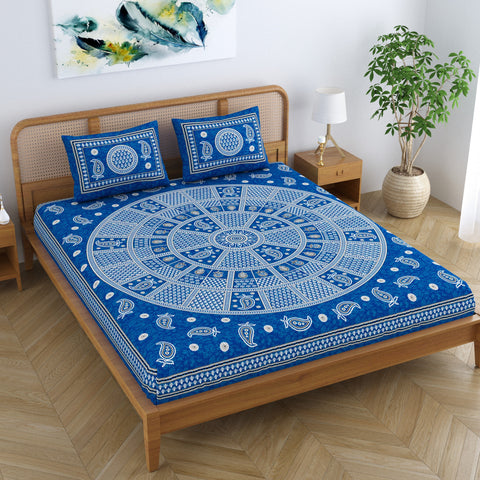 SheetKart Cotton Traditional Mandala Motif Printed Bedsheet for Double Bed King Size with 2 Pillow Covers - Slate Blue