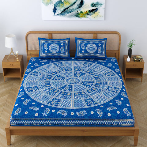 SheetKart Cotton Traditional Mandala Motif Printed Bedsheet for Double Bed King Size with 2 Pillow Covers - Slate Blue