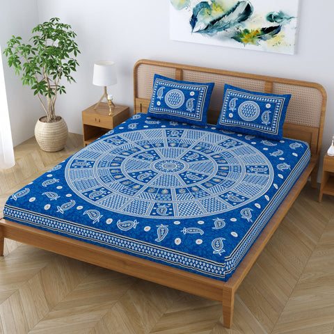 SheetKart Cotton Traditional Mandala Motif Printed Bedsheet for Double Bed King Size with 2 Pillow Covers - Slate Blue