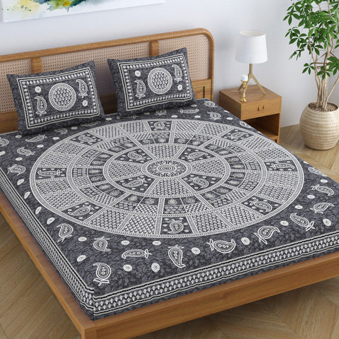 SheetKart Cotton Traditional Mandala Motif Printed Bedsheet for Double Bed King Size with 2 Pillow Covers - Ash Grey