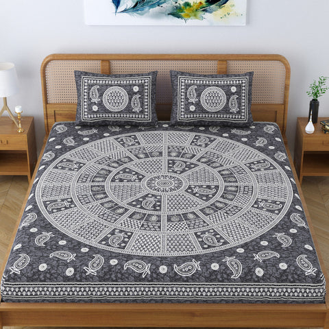 SheetKart Cotton Traditional Mandala Motif Printed Bedsheet for Double Bed King Size with 2 Pillow Covers - Ash Grey