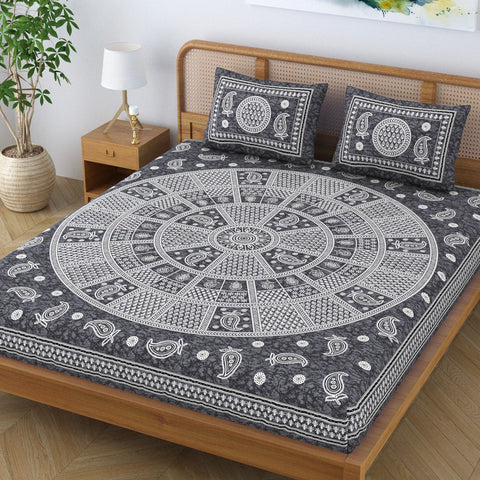 SheetKart Cotton Traditional Mandala Motif Printed Bedsheet for Double Bed King Size with 2 Pillow Covers - Ash Grey