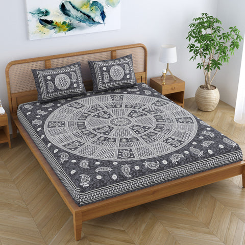 SheetKart Cotton Traditional Mandala Motif Printed Bedsheet for Double Bed King Size with 2 Pillow Covers - Ash Grey