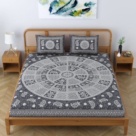 SheetKart Cotton Traditional Mandala Motif Printed Bedsheet for Double Bed King Size with 2 Pillow Covers - Ash Grey
