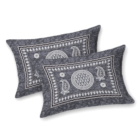 SheetKart Cotton Traditional Mandala Motif Printed Bedsheet for Double Bed King Size with 2 Pillow Covers - Ash Grey
