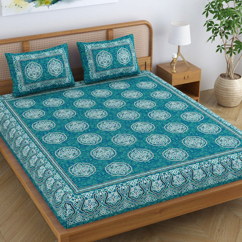 SheetKart Cotton Floral Motif Traditional Printed Bedsheet for Double Bed King Size with 2 Pillow Covers - Aqua Green