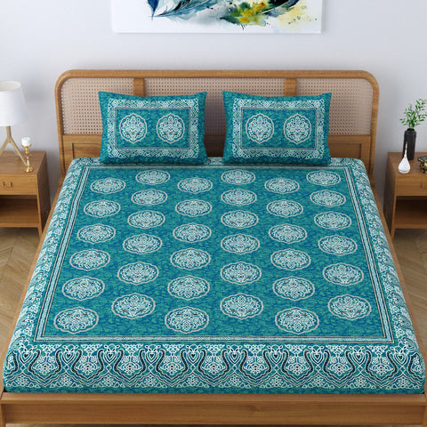 SheetKart Cotton Floral Motif Traditional Printed Bedsheet for Double Bed King Size with 2 Pillow Covers - Aqua Green