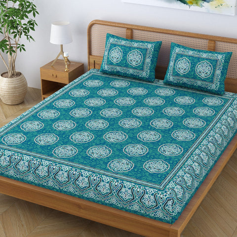 SheetKart Cotton Floral Motif Traditional Printed Bedsheet for Double Bed King Size with 2 Pillow Covers - Aqua Green