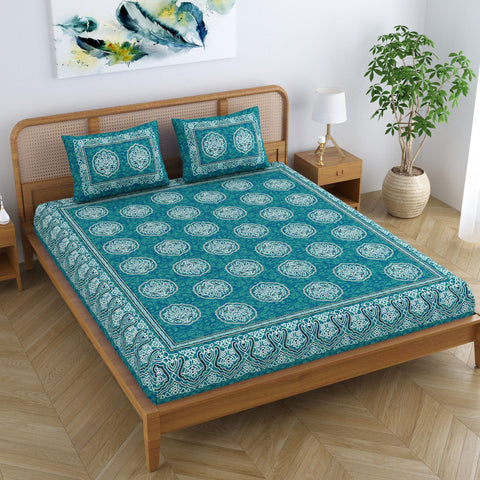 SheetKart Cotton Floral Motif Traditional Printed Bedsheet for Double Bed King Size with 2 Pillow Covers - Aqua Green