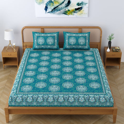 SheetKart Cotton Floral Motif Traditional Printed Bedsheet for Double Bed King Size with 2 Pillow Covers - Aqua Green