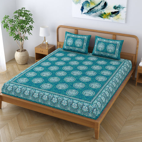 SheetKart Cotton Floral Motif Traditional Printed Bedsheet for Double Bed King Size with 2 Pillow Covers - Aqua Green